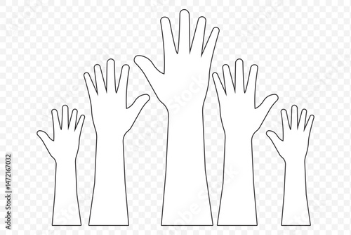 hand rise vote icon sign vector. hands up, raised up volunteering, audiences and teamwork in Stroke on Transparent Background. EPS 10.