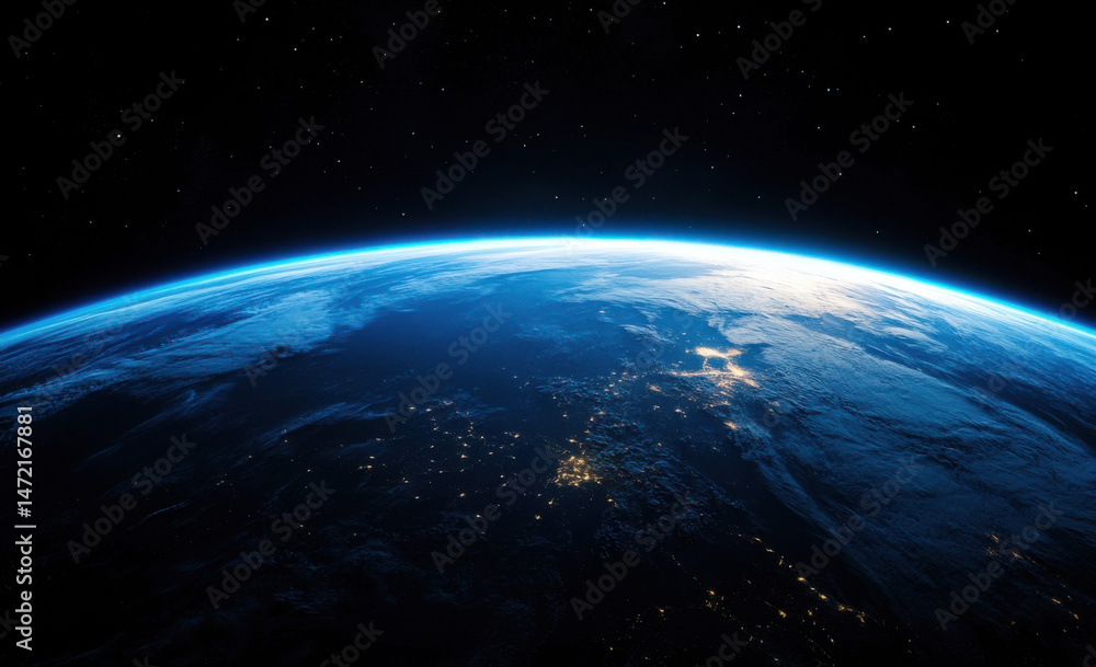 Stunning view of Earth from space, showcasing a vibrant blue planet with swirling clouds and city lights illuminating the night side. : Generative AI Stunning view of Earth from space, showcasing a vibrant blue planet with swirling clouds and city lights illuminating the night side. : Generative AI