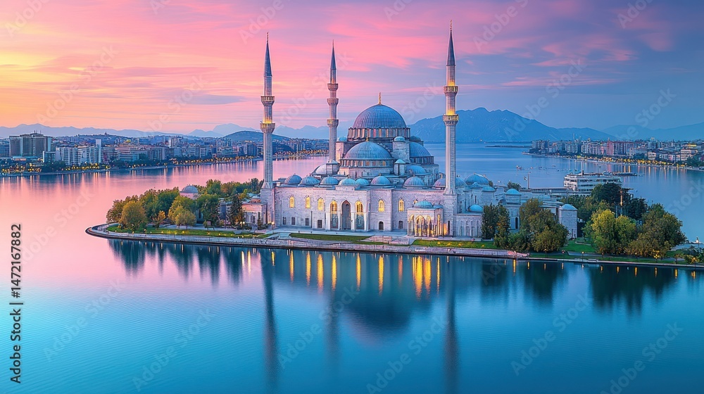 Fototapeta premium Mosque on an island at sunset, reflecting in calm water