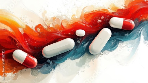 Colorful abstract composition with capsules and fluid patterns