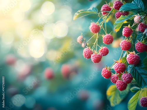 Fresh Ripe Raspberries on Branch in Soft Focus Natural Setting