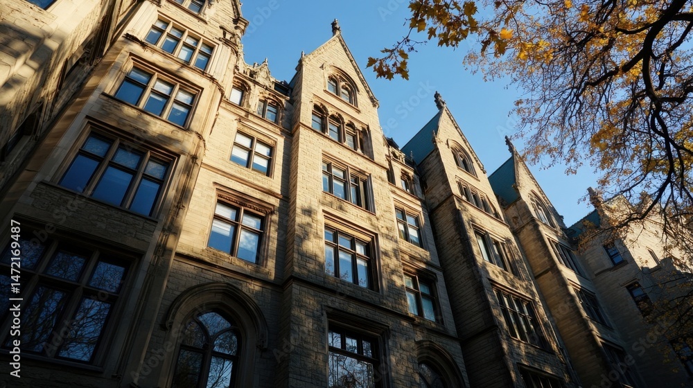 Obraz premium Sunlight illuminates the gothic stone facade of a grand university building, autumn leaves frame the scene. : Generative AI