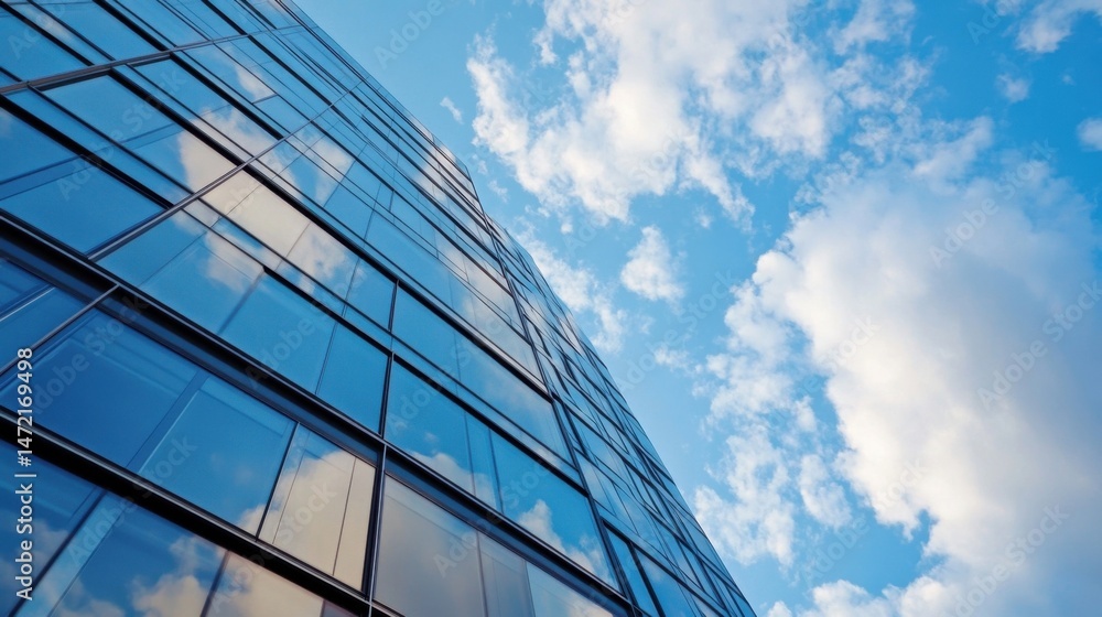 Modern glass skyscraper reflecting clouds and blue sky, low angle view showcasing architectural details and urban environment. : Generative AI Modern glass skyscraper reflecting clouds and blue sky, low angle view showcasing architectural details and urban environment. : Generative AI