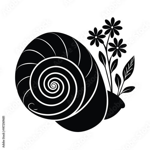 Elegant black and white vector illustration of a snail shell with delicate flowers and decorative leafy accents