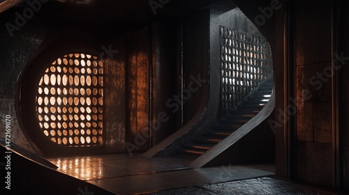 Futuristic, dimly lit, concrete corridor with circular window and stairway.
