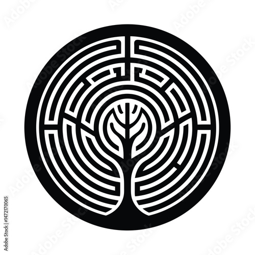 Labyrinth symbol with tree center graphic illustrating concepts of growth guidance mindfulness and introspection in a circular design
