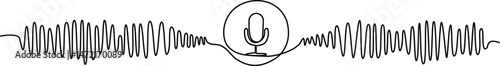 continuous one line music player sound bar template with microphone button. Sound wave, podcast in line art style. Vector illustration, Editable Stroke.