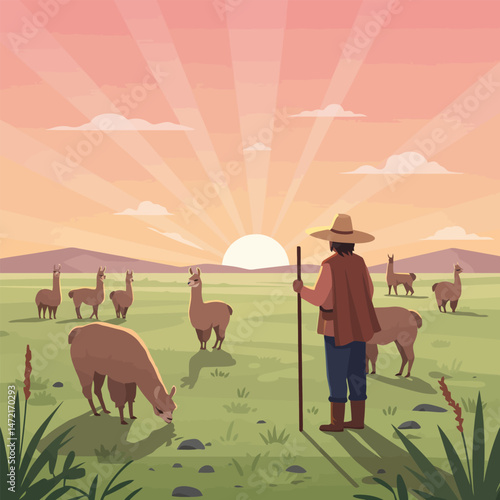 Llama Herding at Sunrise Peaceful Rural Scene with Meadow