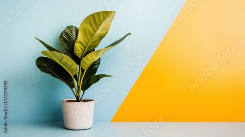 Minimalist indoor plant in a light gray pot against a vibrant color backdrop.