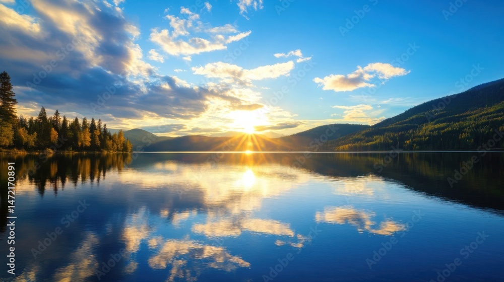 Fototapeta premium Serene sunset over a calm lake, reflecting golden clouds and a mountain range, with a shoreline of evergreen trees showing autumnal colors. : Generative AI
