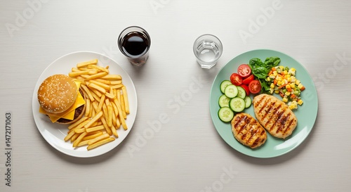 Balanced choices for a healthier lifestyle: comparing food options on a white surface