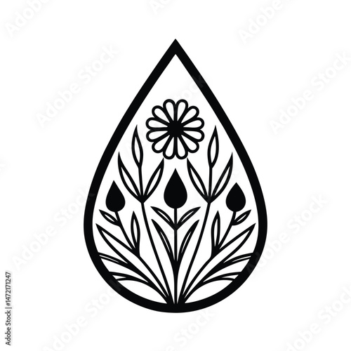 Decorative black and white floral arrangement design within a teardrop shape illustrative graphic