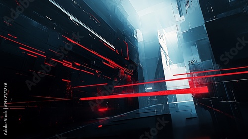 Futuristic city architecture with glowing red lines.