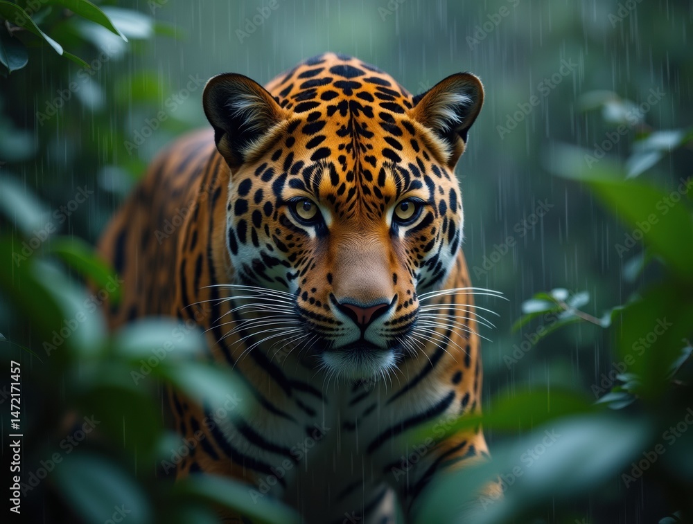 Fototapeta premium Stunning jaguar in the jungle in the rain.