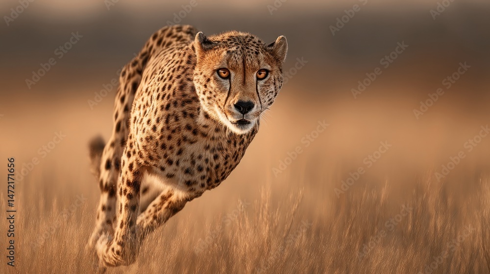 A cheetah sprints through tall golden grass at sunset, its powerful muscles tense, eyes focused on the hunt. The warm light illuminates its spotted coat. : Generative AI A cheetah sprints through tall golden grass at sunset, its powerful muscles tense, eyes focused on the hunt. The warm light illuminates its spotted coat. : Generative AI