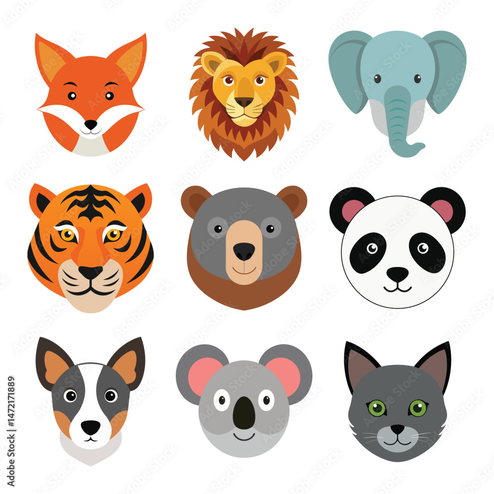 Cute Animal Faces Vector Set in Simple Flat Style Cute Animal Faces Vector Set in Simple Flat Style