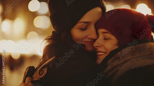 Family exchanging New Year wishes with warm hugs and high spirits