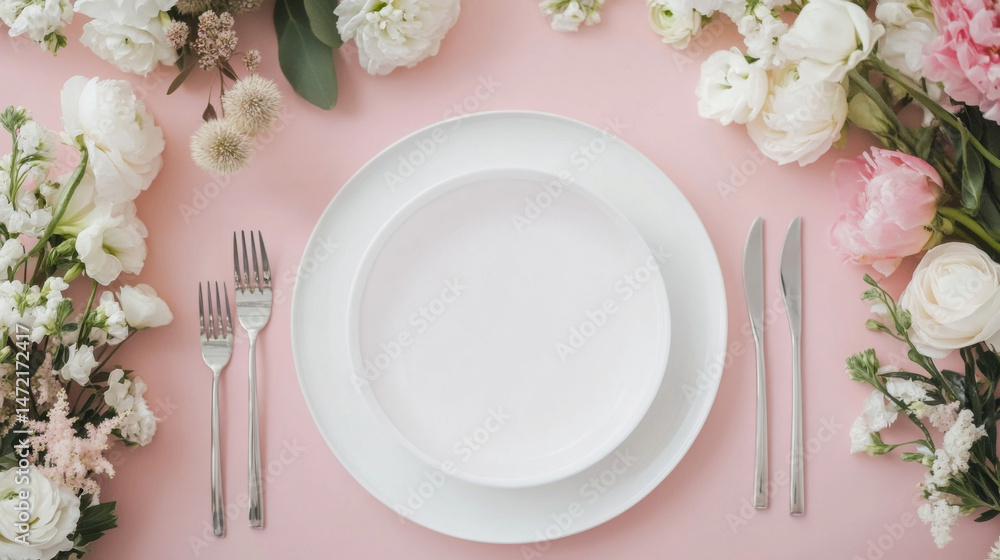 Elegant table setting with white plates and pink flowers, perfect for a romantic dinner or special occasion. : Generative AI