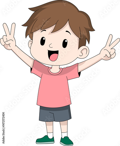 Cartoon Boy Showing Peace Sign for World Peace Concept