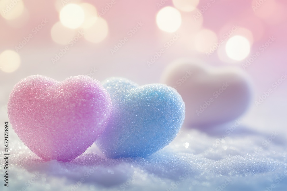 Fototapeta premium Two Pastel Hearts on Sparkling Snow Romantic Valentine's Day Background