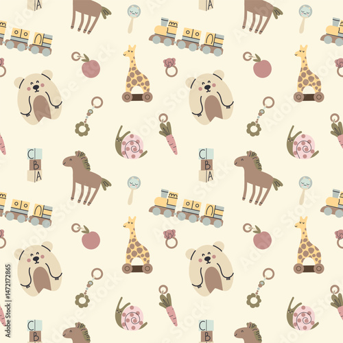 Baby toys seamless pattern. Beige newborn wooden ecological accessories, train. Rainbow and cubes for toddler games. Textile, wrapping paper, wallpaper. Print for fabric. Vector background