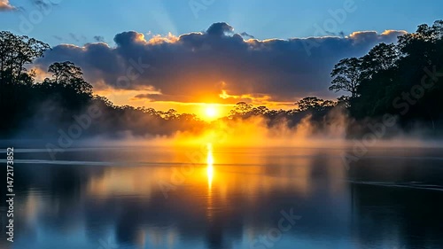 Golden sun rises over a misty lake, silhouetting trees, its light reflecting on calm water under a cloudy sky