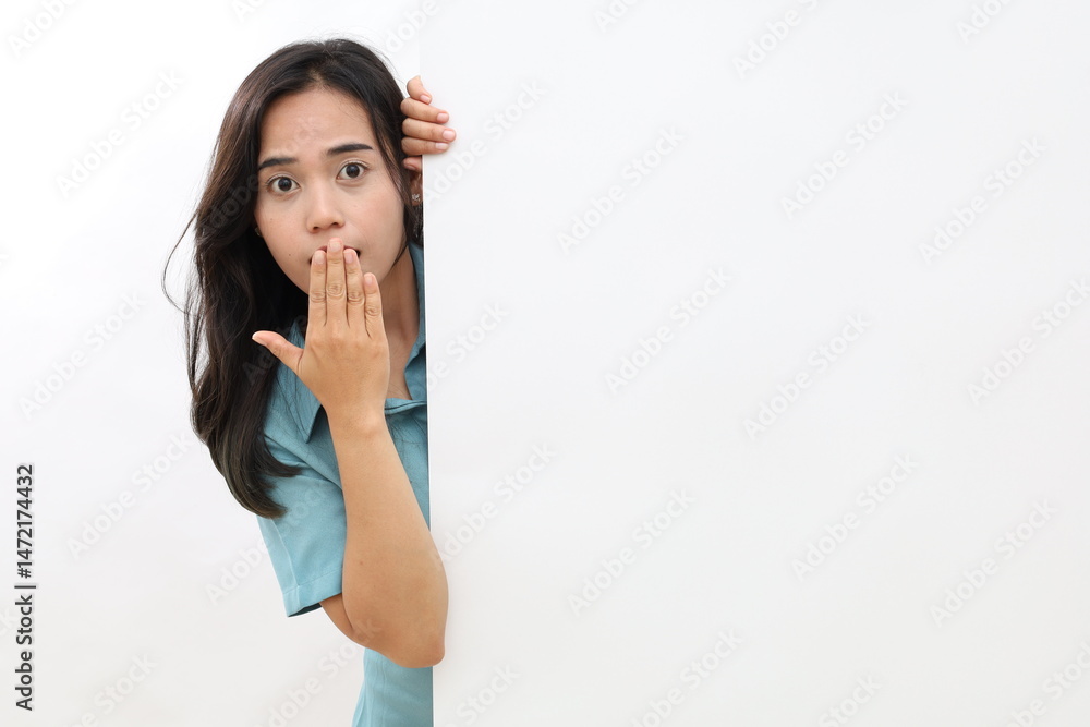 Portrait of young nice attractive lovely pretty glad excited cheerful cheery positive woman demonstrating copy space board ad isolated over white background Portrait of young nice attractive lovely pretty glad excited cheerful cheery positive woman demonstrating copy space board ad isolated over white background