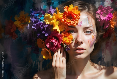 Floral-portrait-beauty-artistic-makeup-woman-colorful-flowers-creative-photography-abstract