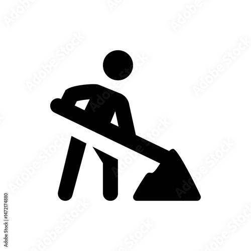 A simple black and white icon depicting a person using a shovel to move dirt or dig in a construction setting