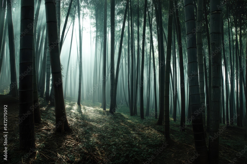 Naklejka premium Misty morning in a bamboo forest with shafts of light