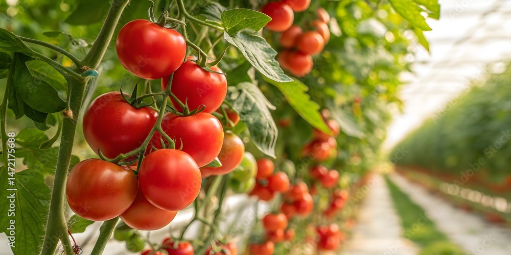 Ripe red tomatoes, juicy and fresh, grow on a leafy branch in the summer garden Ripe red tomatoes, juicy and fresh, grow on a leafy branch in the summer garden