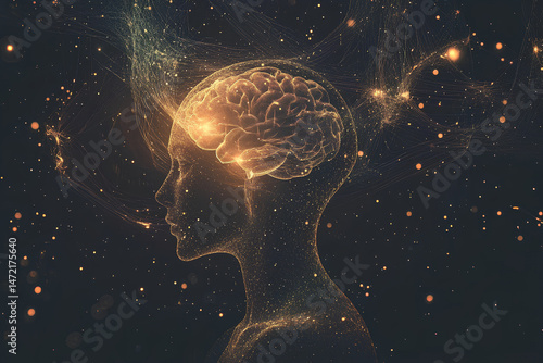  Digital illustration of a human brain overlaid with glowing connection lines and nodes, symbolizing neural networks and artificial intelligence technology in a futuristic and innovative concept desig