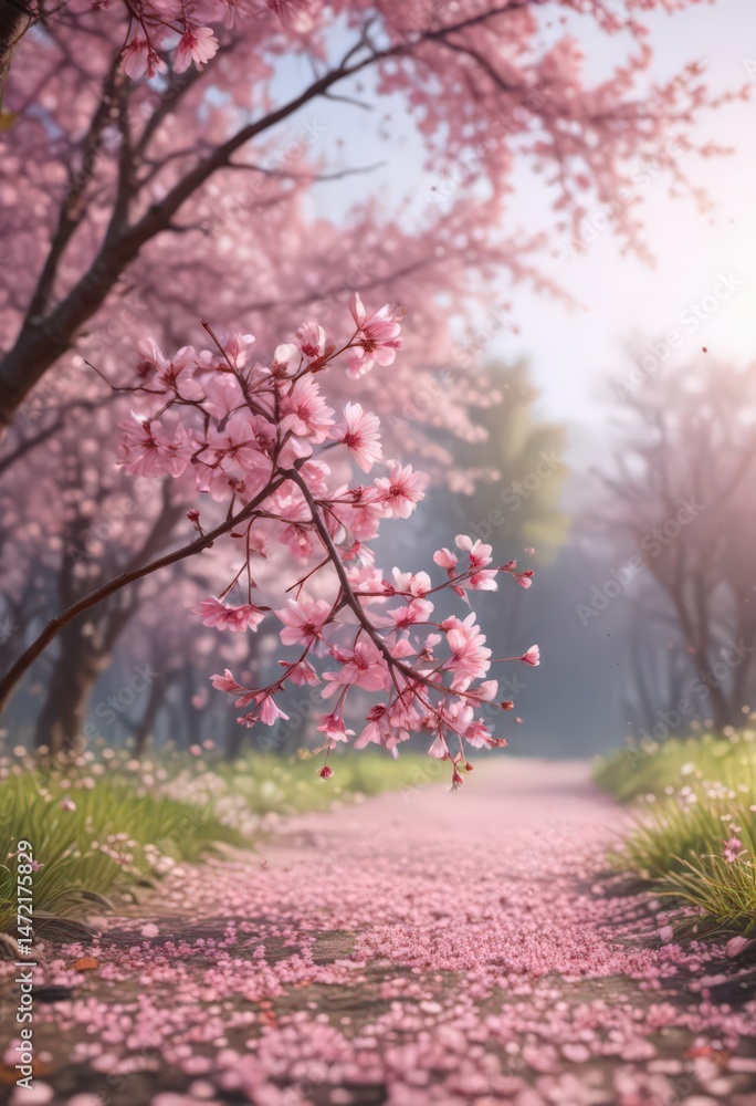 Pink sakura petals in gentle descent, blurred spring landscape , nature, pastel pink Pink sakura petals in gentle descent, blurred spring landscape , nature, pastel pink