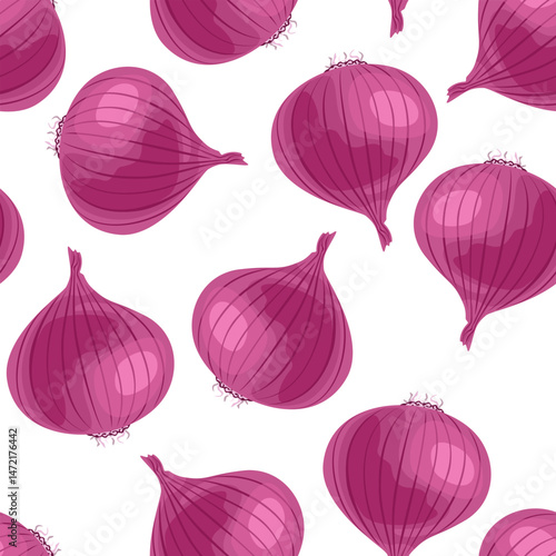 Red onion seamless pattern. Food background. Vector cartoon flat illustration