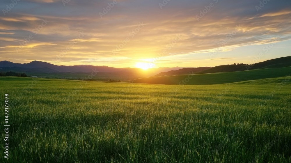 Serene sunset over rolling green hills and a vast field of vibrant grass, bathed in the golden light of the evening sun. : Generative AI Serene sunset over rolling green hills and a vast field of vibrant grass, bathed in the golden light of the evening sun. : Generative AI
