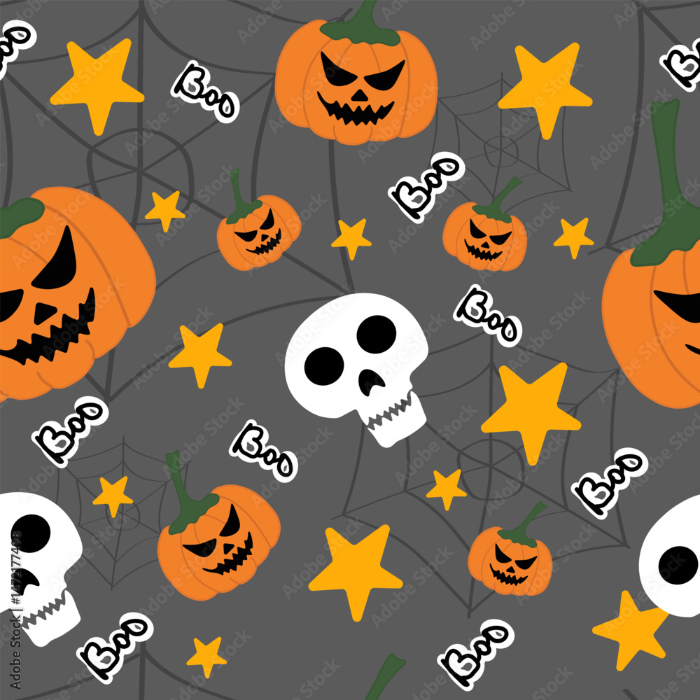 Fototapeta premium Stylish Halloween Seamless Pattern with Pumpkins, Skulls and Boo Text on Gray Background | Minimal Spooky Design
