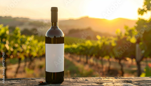 Wine bottle in vineyard landscape at sunset beverage photography for gastronomy