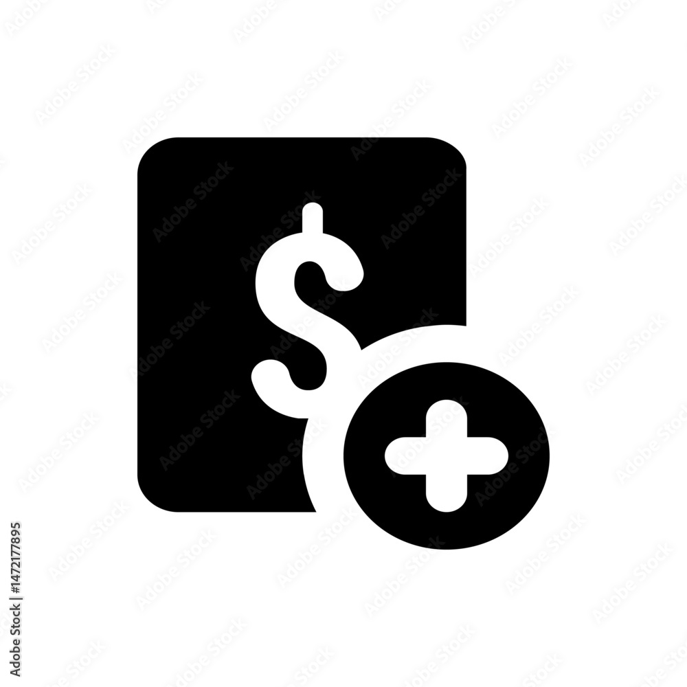 Illustration of a black square with a dollar sign and a plus sign in a black circle overlaying it Illustration of a black square with a dollar sign and a plus sign in a black circle overlaying it