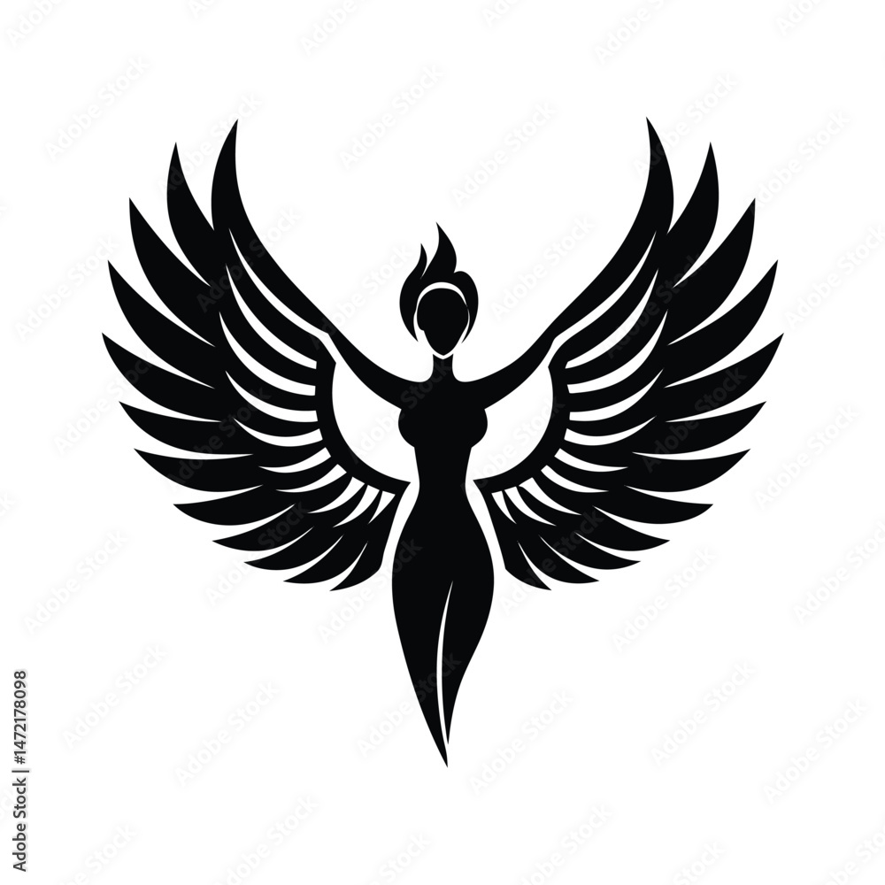 Obraz premium Elegant black and white silhouette of a woman with wings representing freedom and empowerment