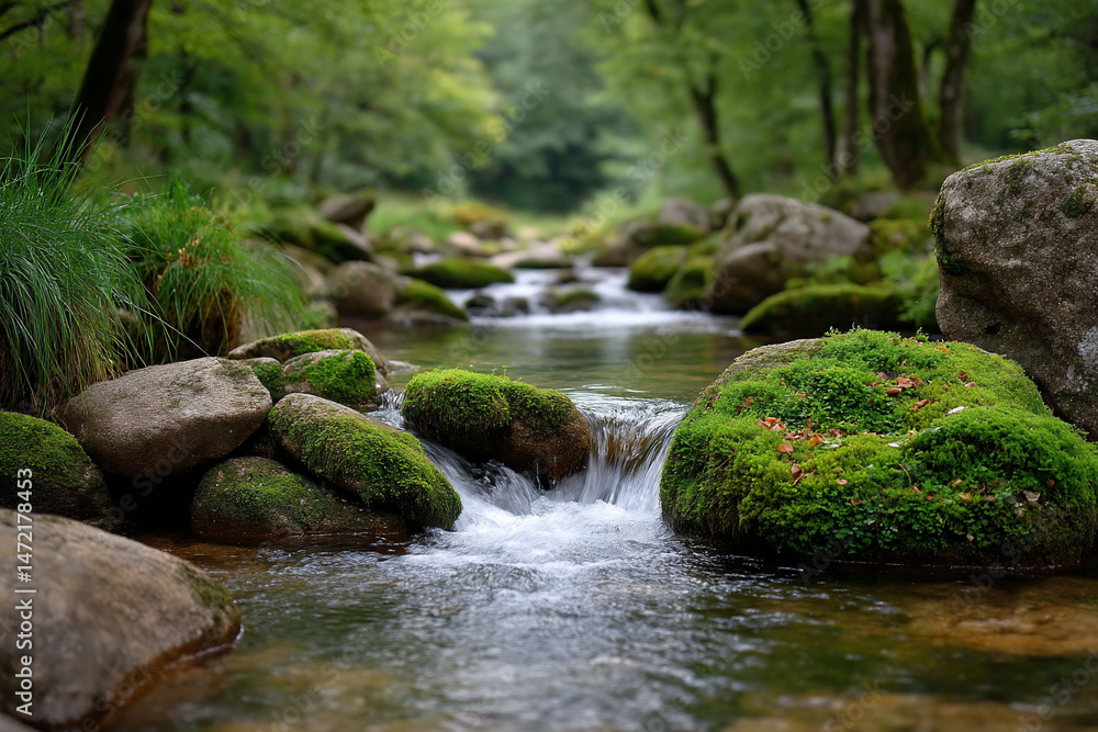 Fototapeta premium Serene view of water stream flowing over mossy stones in a peaceful forest scene