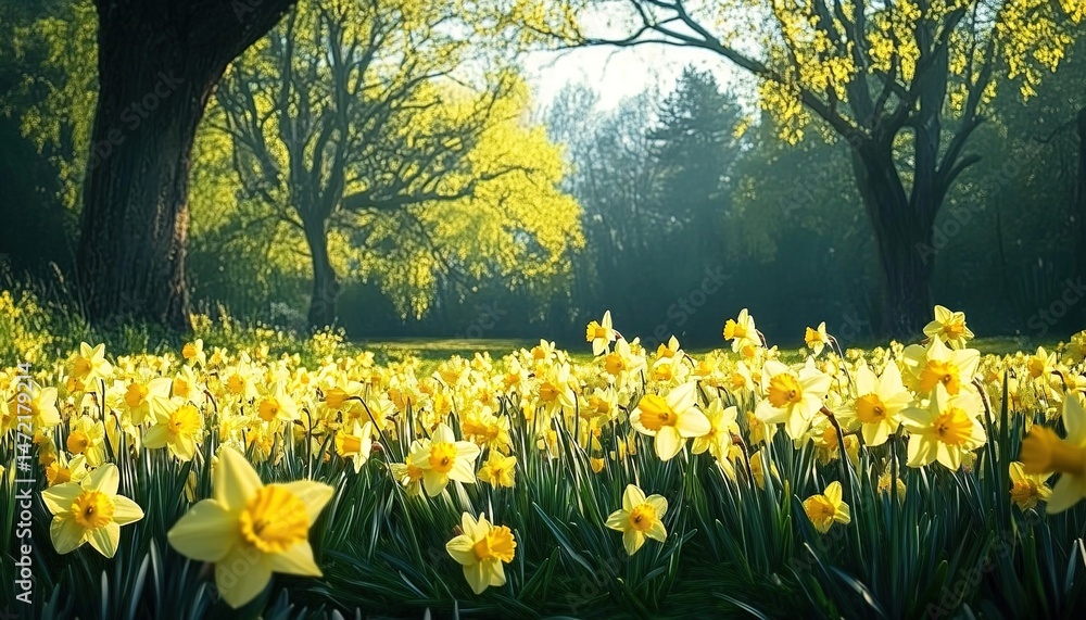 Obraz premium A sunlit field of daffodils on grass with trees in the background. 