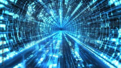 Futuristic digital tunnel with blue glowing lines, abstract technology data stream, high speed virtual reality, immersive cyberspace, dynamic innovation, and energetic sci fi communication network