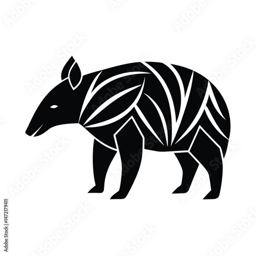 Stylized geometric illustration of a tapir animal in bold black and white silhouette for design