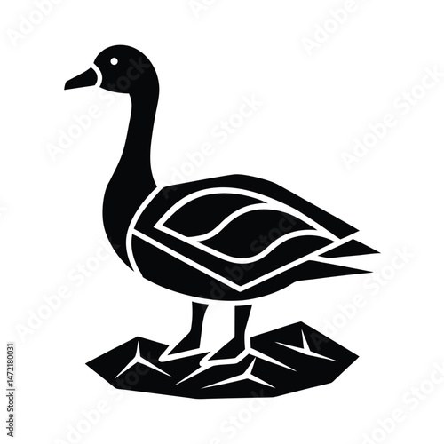Stylized black and white illustration of a goose standing on a rocky surface isolated against a white background
