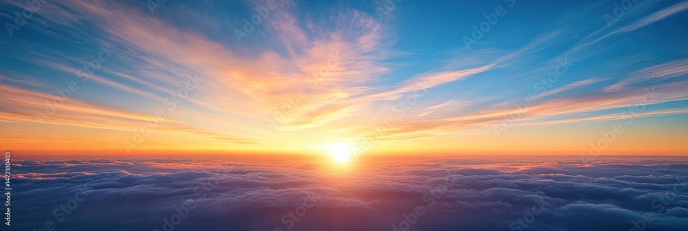 Fototapeta premium Aerial view of a breathtaking sunrise over a vast expanse of clouds, showcasing vibrant orange, pink, and blue hues in the sky. : Generative AI
