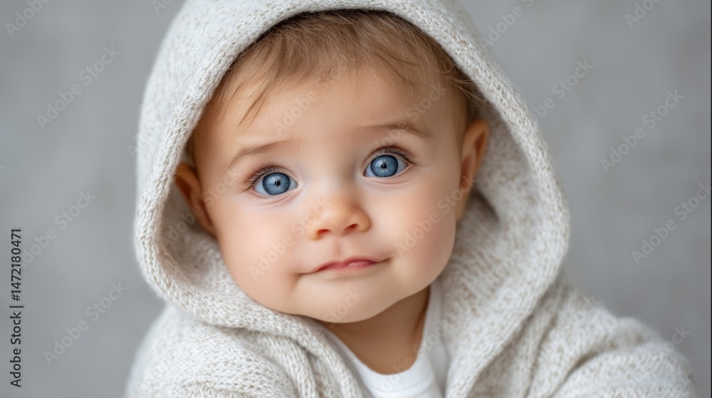 A baby wearing a hooded jacket with blue eyes A baby wearing a hooded jacket with blue eyes