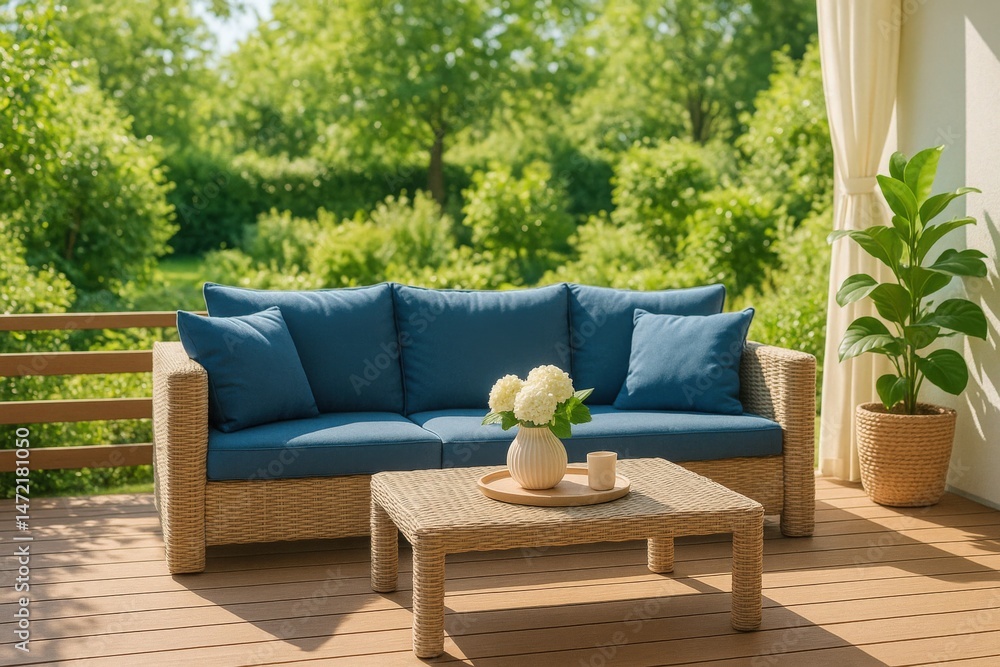 Fototapeta premium Stylish patio setup with rattan seating and blue cushions in a lush green garden — ideal for summer lifestyle or garden furniture ads. Outdoor patio with modern rattan furniture