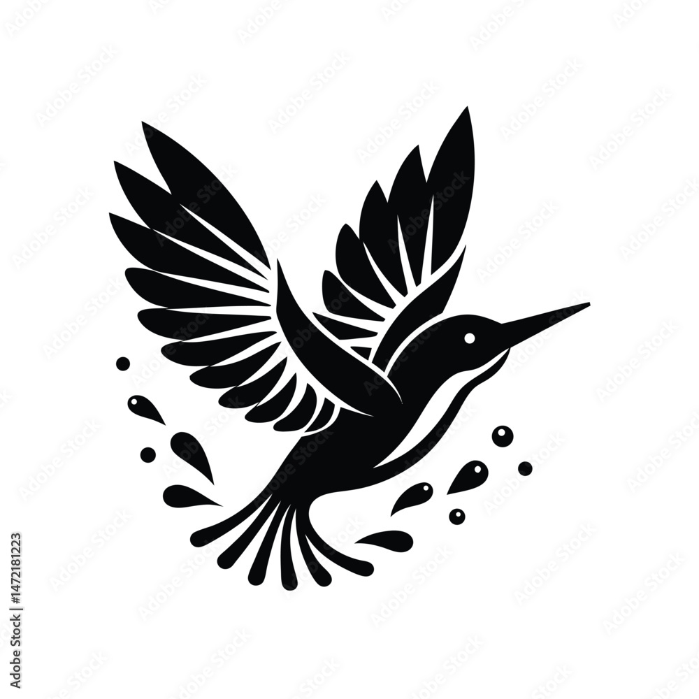 Fototapeta premium Black and white silhouette illustration of a hummingbird in flight with water droplets elements