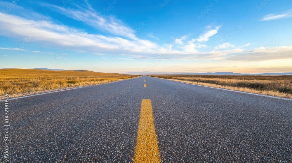 Naklejka premium A long, straight asphalt road stretches towards a distant horizon under a vibrant blue sky with fluffy white clouds, showcasing a serene landscape of golden-brown grasslands. : Generative AI