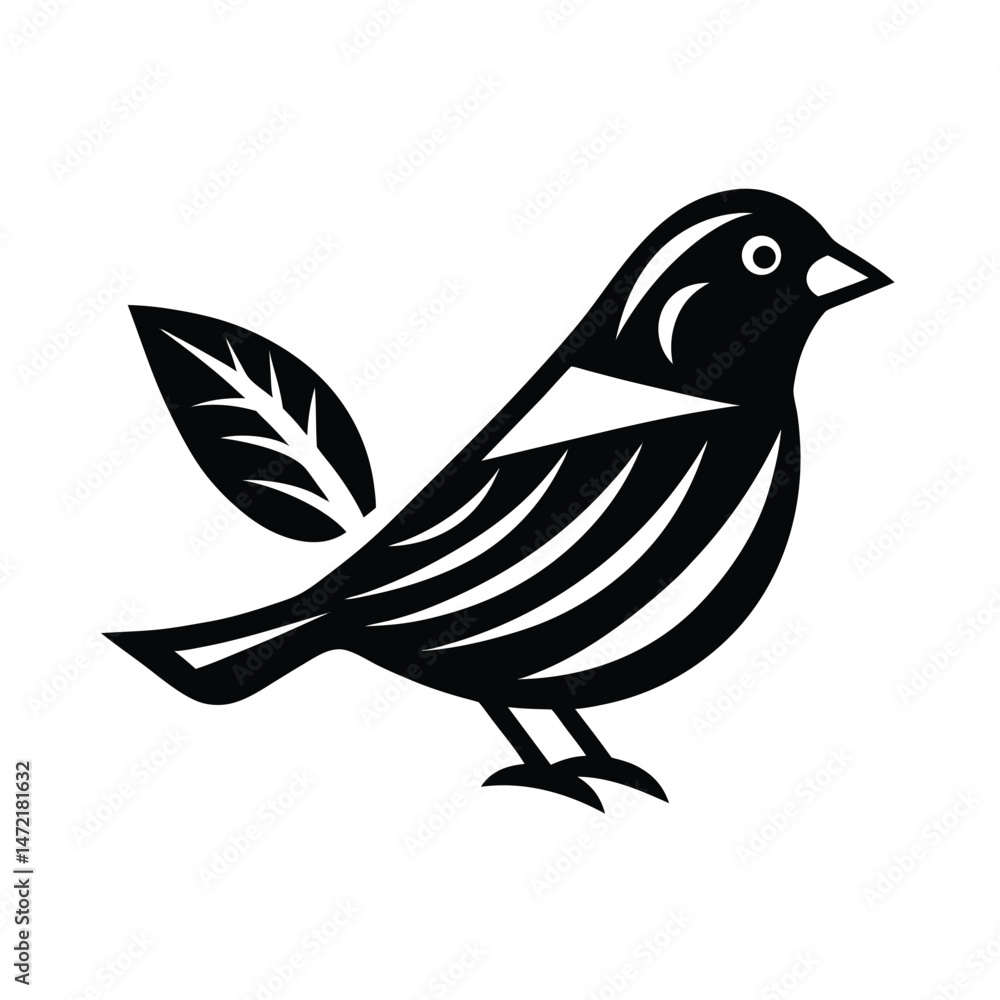 Obraz premium Elegant black and white bird illustration featuring a leaf and modern geometric design for nature themes